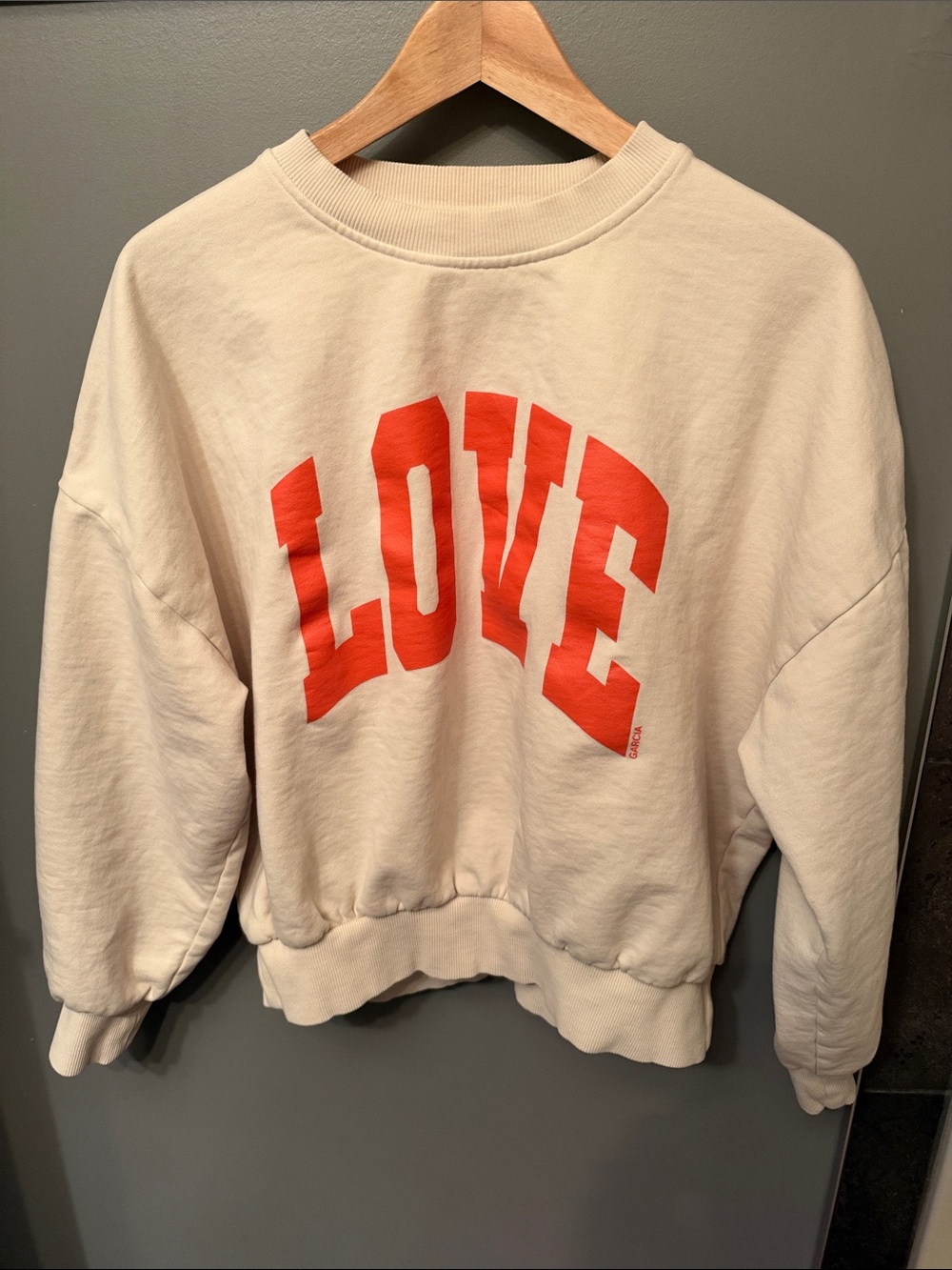 Cream Crewneck Sweatshirt with Red LOVE Graphic